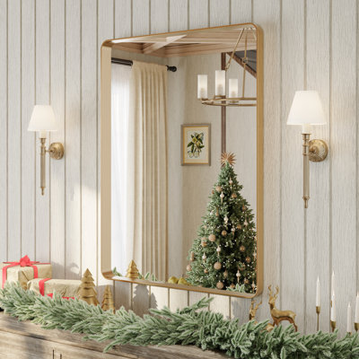 Miroir de salle de bain rectangulaire arrondi de 1,18 po avec cadre en alliage d'aluminium et verre trempé de qualité supérieure Lunara