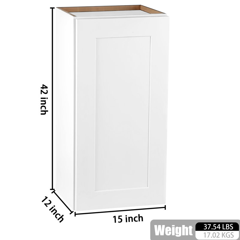 Armoire murale blanche en bois massif à une porte, 3 tablettes réglables, en caoutchouc, installation facile, pour la cuisine, le garage, 15 po de profondeur, 12 po de largeur, 42 po de hauteur.
