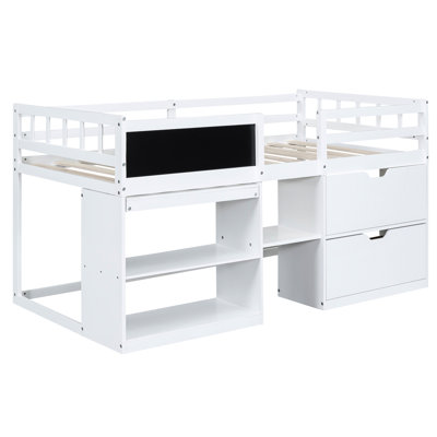 Lit mezzanine simple bas avec bureau à roulettes, tablette en blanc
