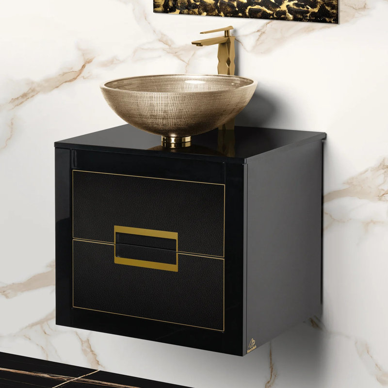 Meuble-lavabo moderne de 24 po Danya, plateau en verre intégré, Noir, noir, noir, noir, Noir, noir, noir, noir, Doré