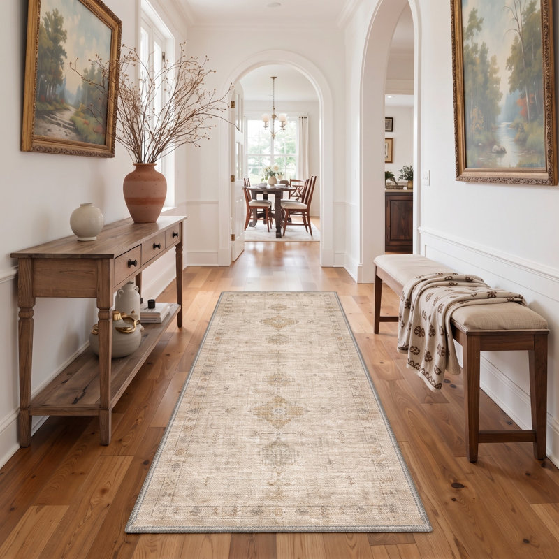 Tapis de couloir oriental traditionnel beige/brun à poils courts, lavable et antidérapant, Tapis de couloir 2 pi x 6 pi