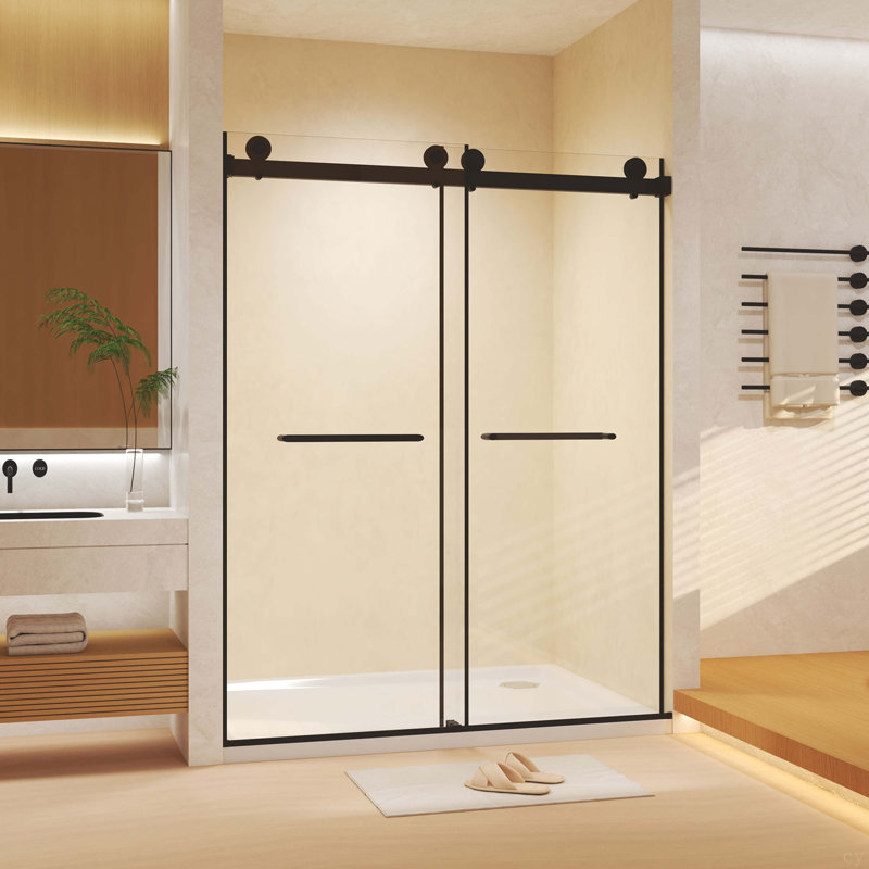 Frameless Double Sliding  Shower Door 44-48 "W X 74" H, 5/16 "(8Mm) Tempered Glass, Explosion Proof Film, Stainless Steel Handle, Square Tube Track