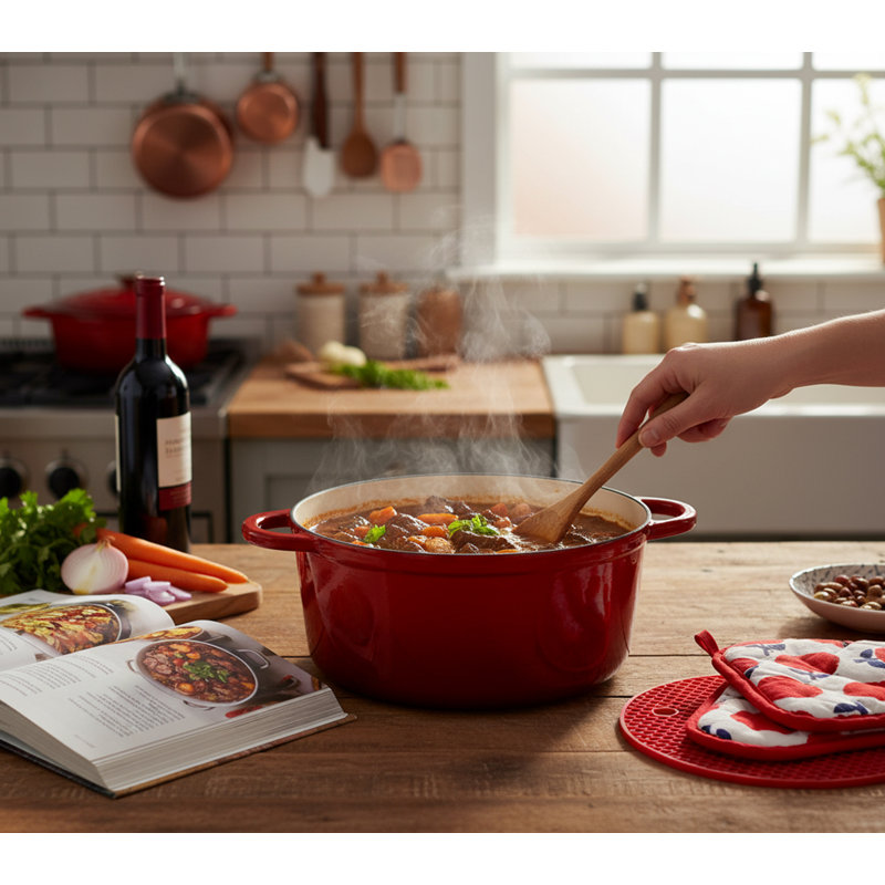KYEUIN 5.2L Cast Iron Dutch Oven, Red