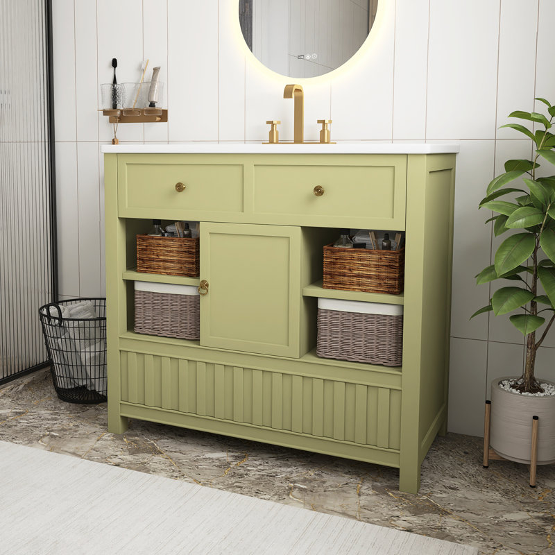 Meuble-lavabo vert 36 po avec lavabo en céramique, armoire de salle de bain multifonctionnelle avec porte et tablettes de rangement et tiroirs