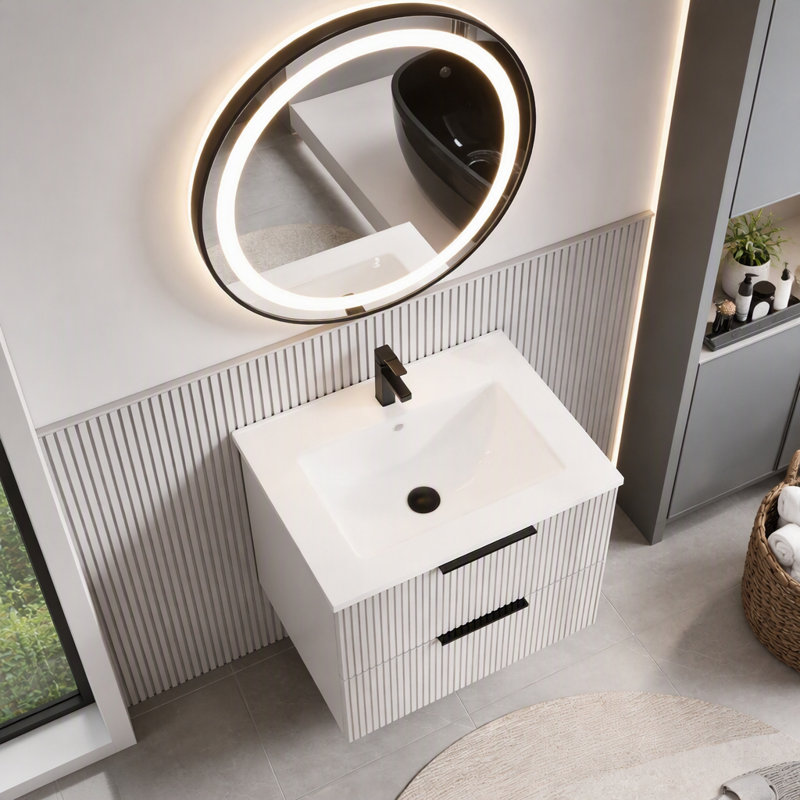 Meuble-lavabo de salle de bain avec lavabo en céramique - Meuble-lavabo flottant mural gris avec tiroirs, moderne, 30"