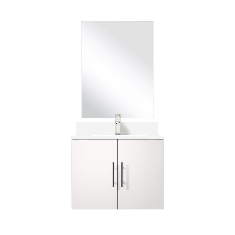 Meuble-lavabo de salle de bain blanc brillant 24 po x 22 po, comptoir en quartz, miroir de 18 po, robinet à rayures