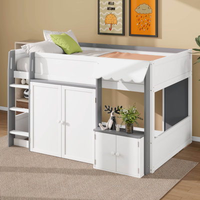 Full Loft House Bed With Playhouse & Storage, Low Loft Bed With Guardrails & Ladder For Kids Teens