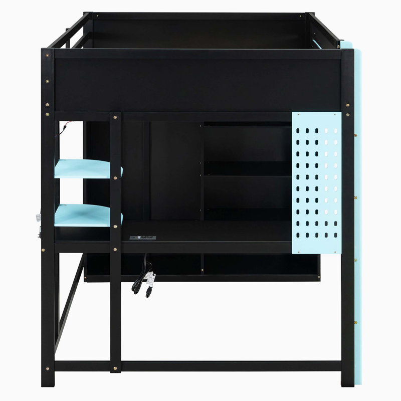 Lit mezzanine en bois avec bureau, armoire ouverte et lumières ambiantes RVB, Blue