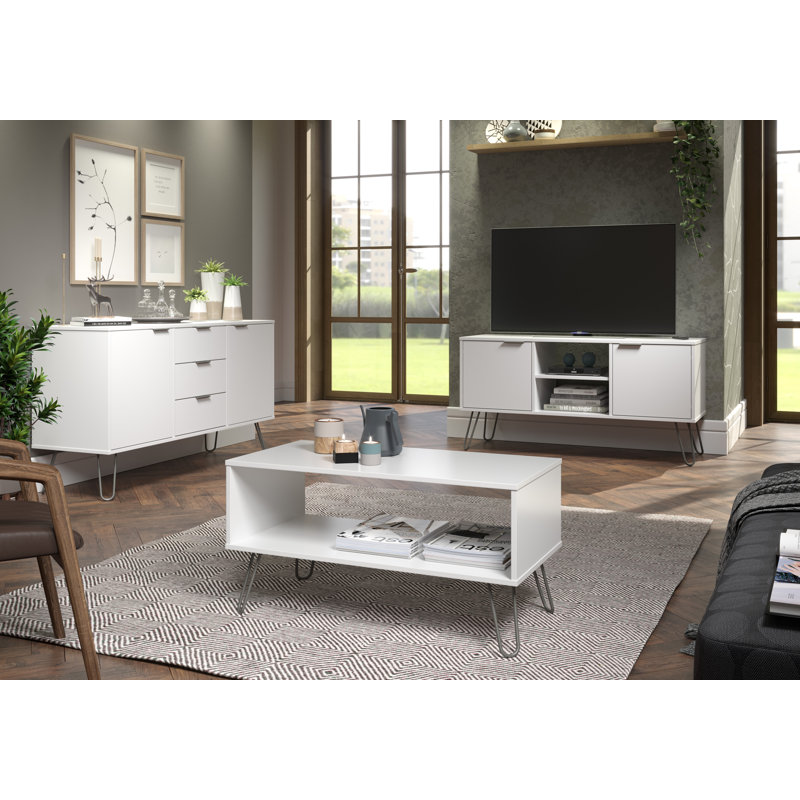 Dufresne Coffee Table with Open Storage Area industrial design with Metal Hairpin Design Legs, White