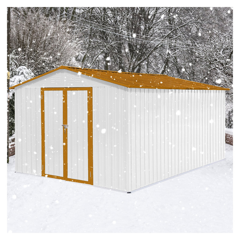Remise de jardin en métal 10 x 12, remise de rangement extérieure avec toit Apex, porte à charnières et cadenas robuste, solution de rangement en métal blanc et jaune résistant aux intempéries