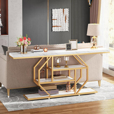Console très longue, canapé moderne derrière le canapé avec rangement à 4 niveaux, table d'appoint en faux marbre blanc pour le salon, le couloir et l'entrée