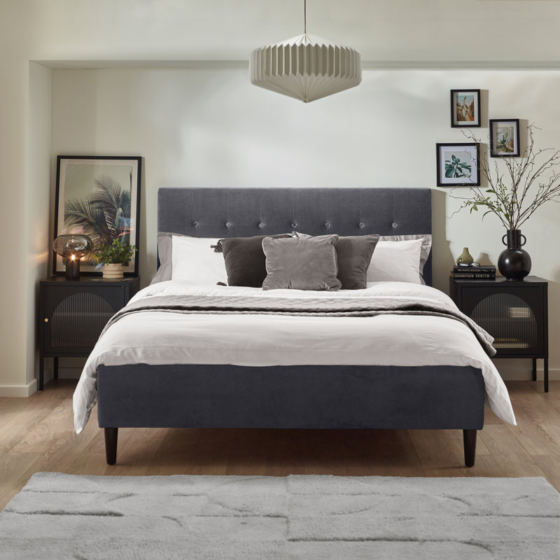 Dekeyzer Luxury Upholstered Bed - Chesterfield Style Headboard, Crisp Modern Design, Kingsize (5'), Grey