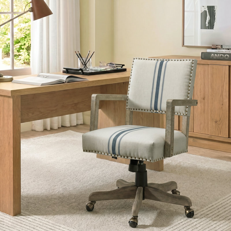 Bromley Farmhouse Task Chair With Solid Wood Arm And Nailhead Trim, Navy