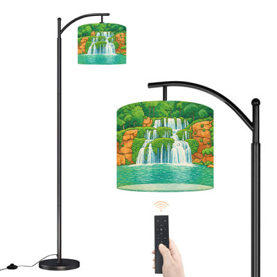 Arc Floor Lamp with Adjustable Lampshade Waterfall Nature Landscape Green Forest Moss Rocks Greenery Standing Lamp 3 Color Temperatures Dimmable Tall Pole Lamp with Foot Switch for Bedroom