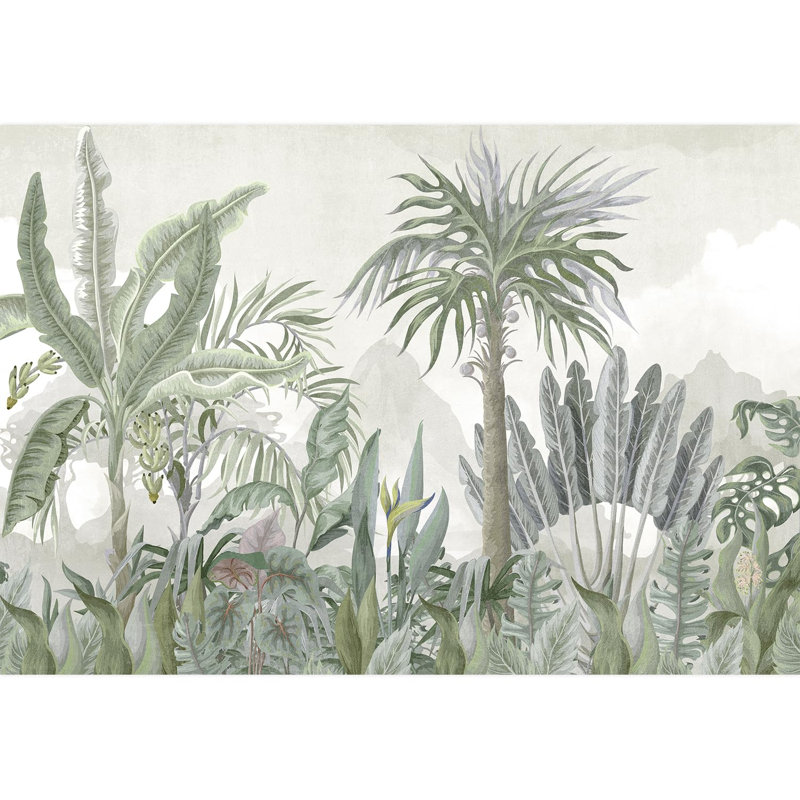 Gris doux Misty Jungle avec des plantes tropicales détaillées, L 66 po x l 96 po
