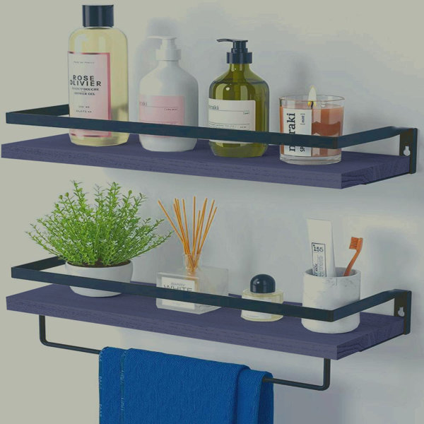 MyGift Wall Mounted Torched Wood Bathroom Shelf Organizer, 2 Tier Display Rack with Hanging Towel Bar