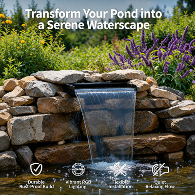 Stainless Steel LED Waterfall Spillway with 7 Color Lighting, Outdoor Pond Water Feature for Garden Landscapes and Backyard Waterfalls