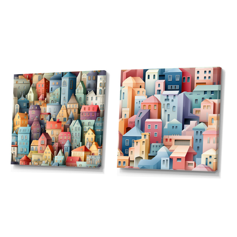 Bâtiments urbains aux couleurs pastel douces III - ensemble de 2 collages carrés abstraits, Toile tendue, H 30 po x l 61 po