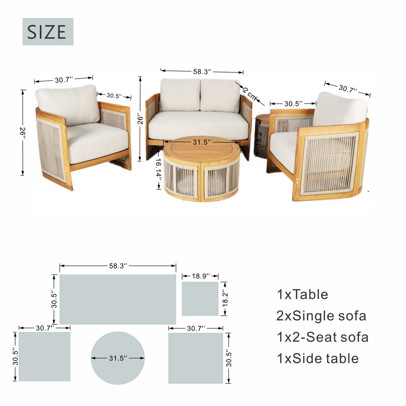Ensemble de conversation d'extérieur 4 pièces en bois d'acacia avec coussins crème Guzal
