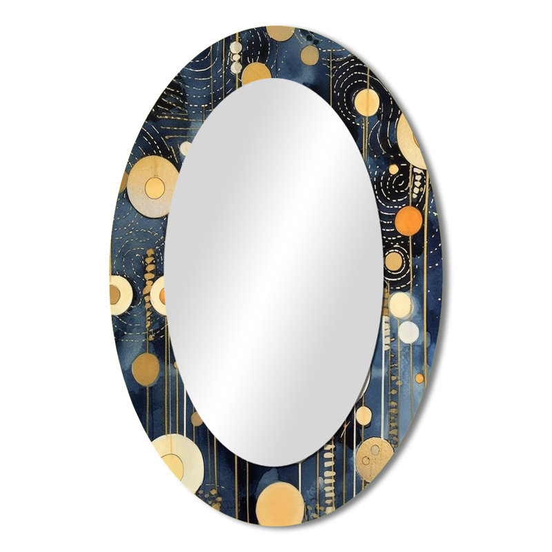 Pastel Abstract With Blue Black & Gold Spots XV - Modern Oval Wall Mirror, 36" x 24"