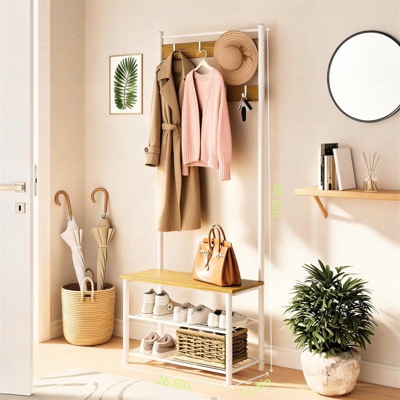 Luxury Metal And Wood Integrated Coat Rack, Including Shoe Bench And Shoe Cabinet, Three Storage Shelves With Nine Detachable Hooks, Available In Two Colors.