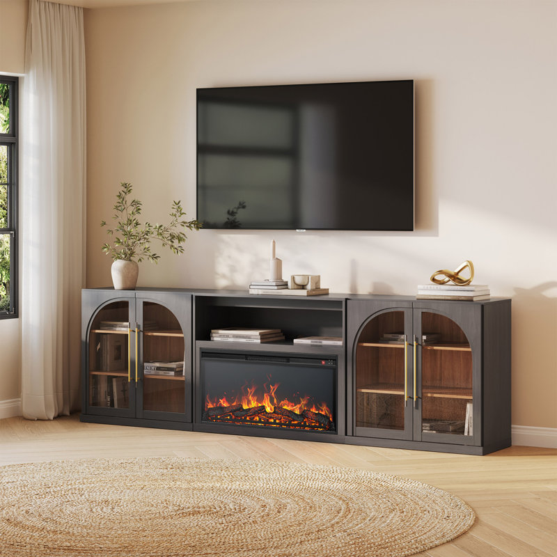 Meuble télé Jagger de 170 po avec foyer de 36 po et porte vitrée, ébène, Ébène