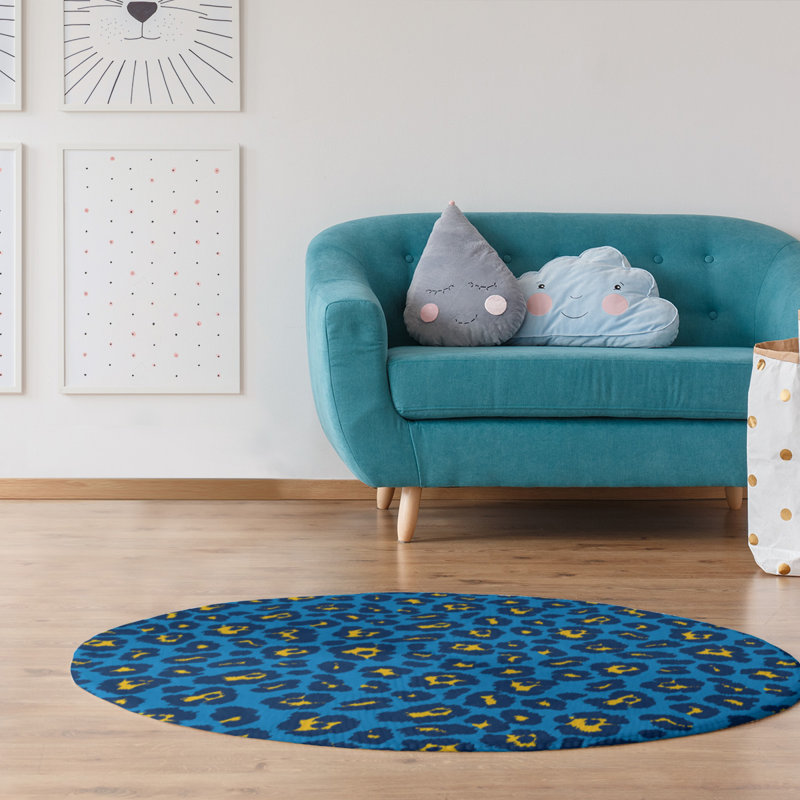 Tapis bleu / jaune à imprimé animal, Rond 5 pi