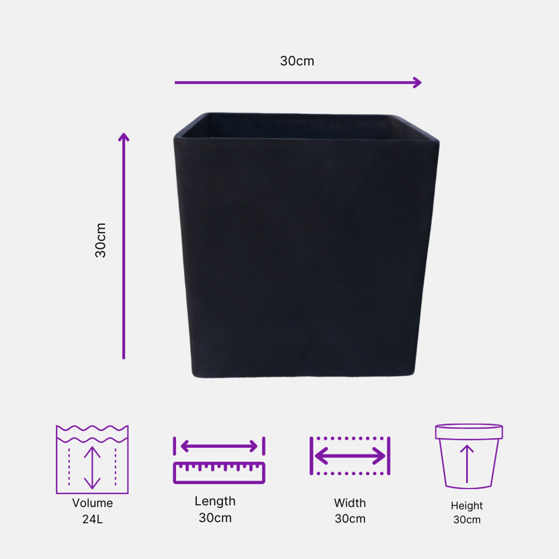 Daisy Square Stone Effect Planter Pot, Indoor and Outdoor Plant Pot, Frost Resistant with Drainage Hole, Black