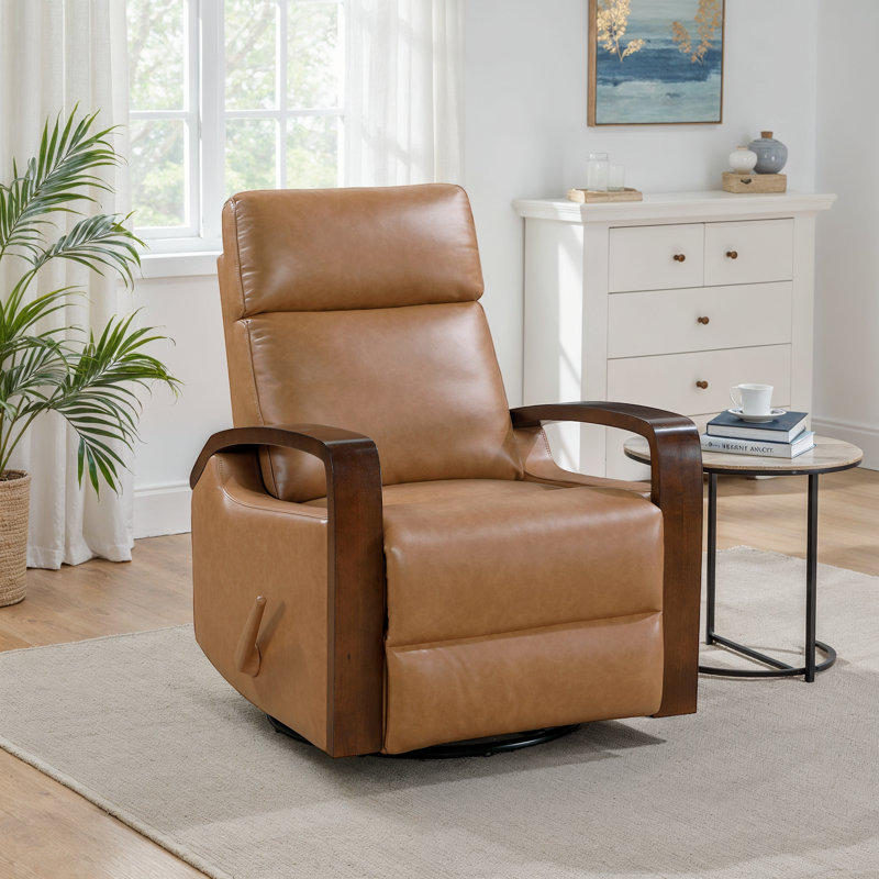 Oudant 31" Modern & Contemporary Breathable Faux Leather Swivel Glider Reclining Chair with Wooden Arms in Brown Finish & 360-Degree Swivel