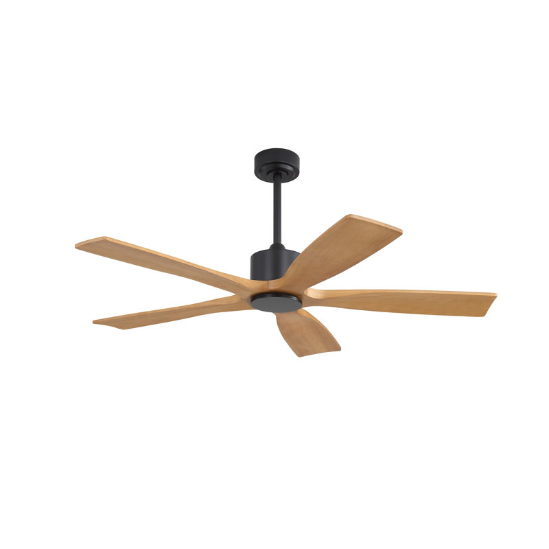 Ventilateur de plafond intérieur standard à moteur à courant continu, 5 pales en bois massif, avec télécommande et tige de suspension.