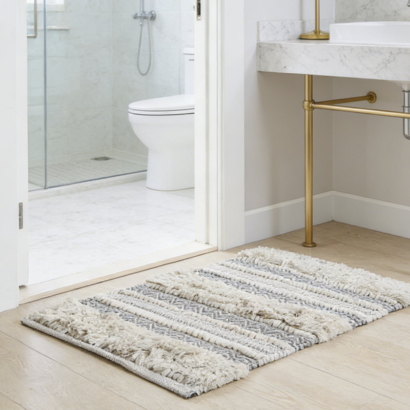Polyester Woven Texture Stripe Bath Rug 20x32" | Soft Absorbent Non-Slip Floor Mat | Modern Minimalist Bathroom Decor | Machine Washable