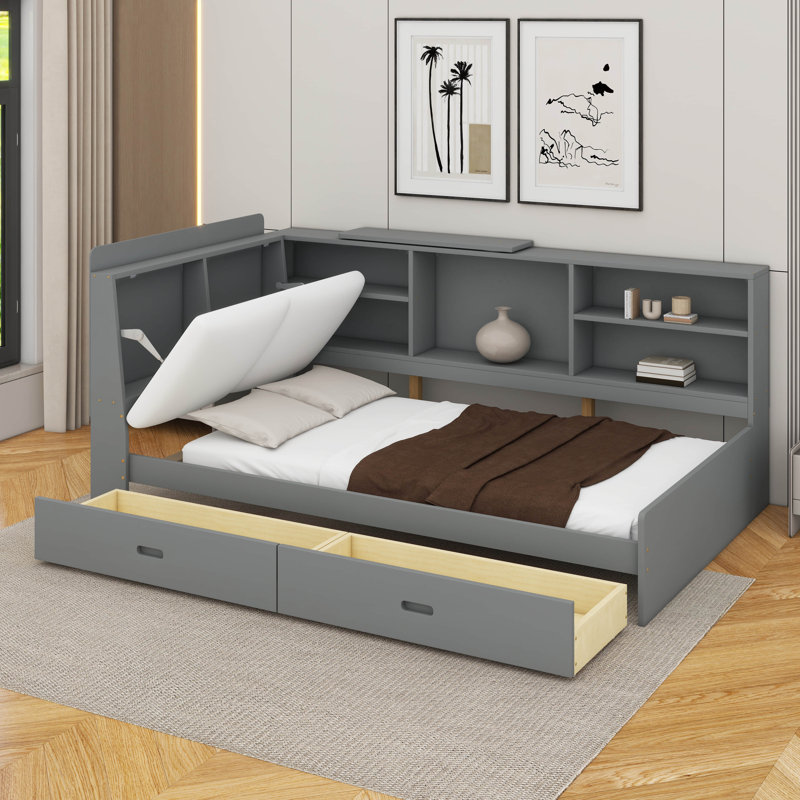 Lit plateforme simple avec tête de lit, tablettes et tiroirs de rangement, Gris