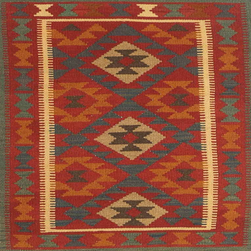 Tapis contemporain rouge / noir / brun, Carré 3 pi