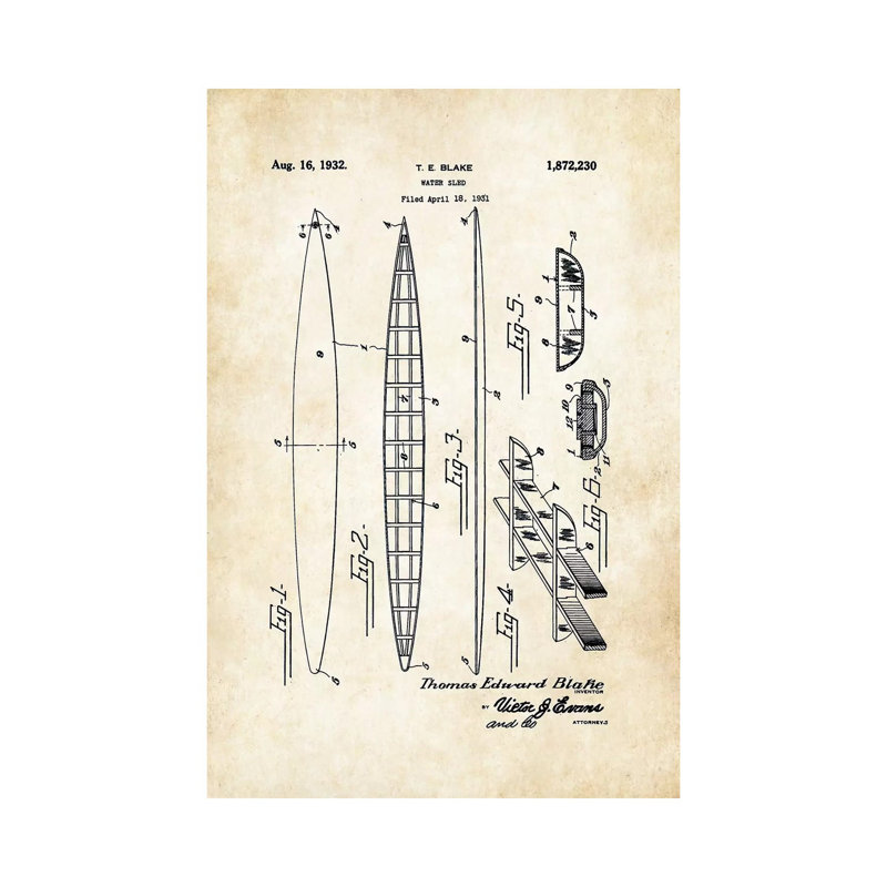 «Tom Blake Surfboard (1932)» par vern77 - reproduction de dessin sur toile tendue, H 26 po x l 18 po x 1,5 po