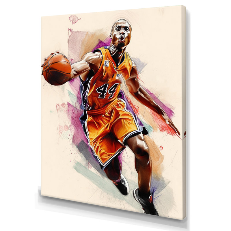 Dessin d'un joueur de basketball en action sur toile, H 40 po x l 30 po x P 1,5 po