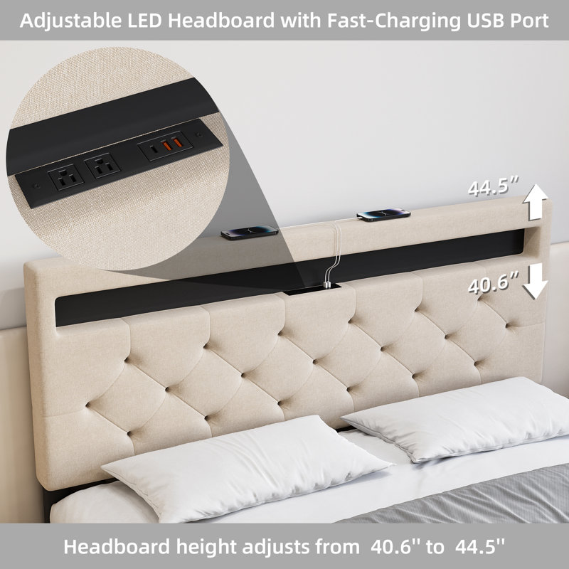 Bed Frame With LED Lights Headboard, Fast-Charging USB Port, White, Full