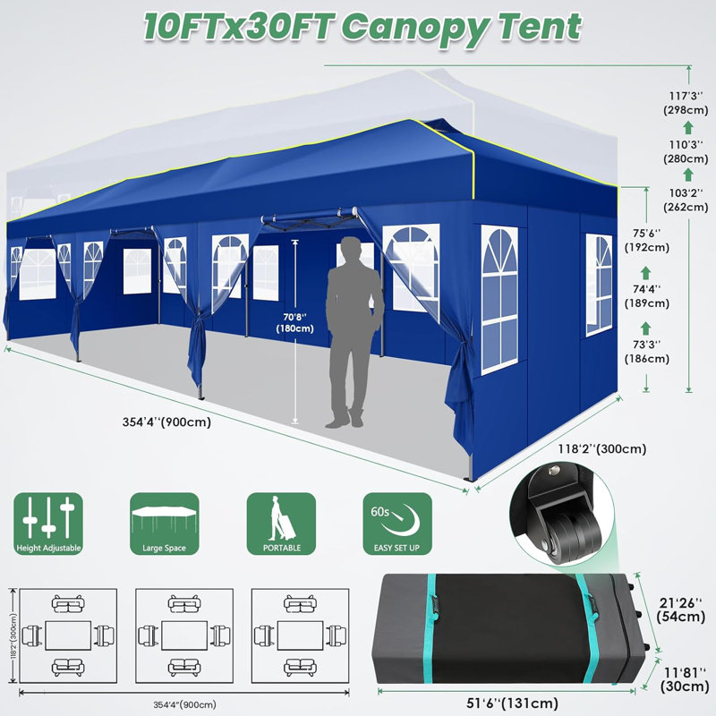 10x30 Pop Up Canopy, One Push Setup Glow Party Tent, Dark Blue