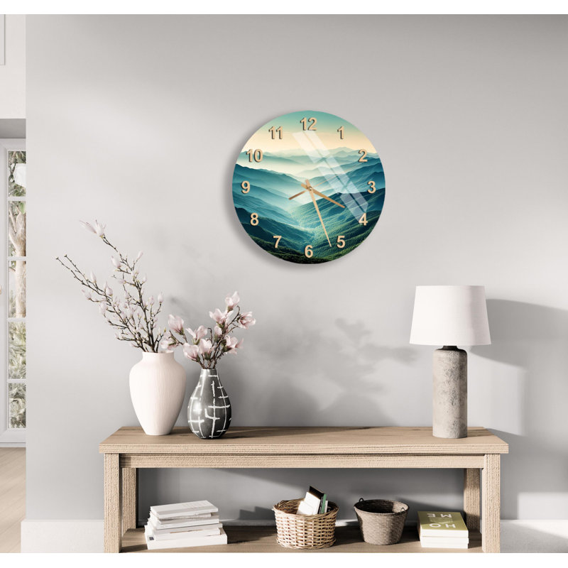 Horloge murale montagne - Silencieux, verre trempé, paysage naturel, Moyen: 15 po
