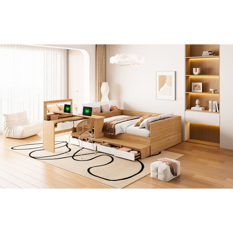 Lit double en bois pleine grandeur avec 6 tiroirs, tablettes et coiffeuse, 21 projets de conception, bureau de coiffeuse à plateforme sécurisée, travail de maquillage, ton, espace de couchage