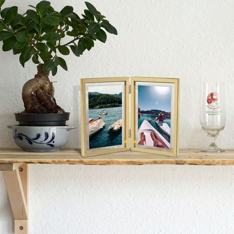 Hinged Floating Metal Frame with Real Glass, Gold, 4" x 6"