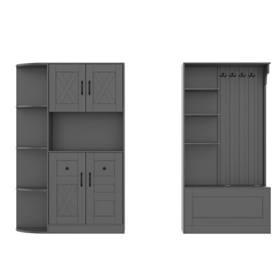 Multifunctional L-Shaped Hall Cabinet with Storage & 4 Hooks, Split-Use Entryway Organizer for Living Room & Kitchen, Black