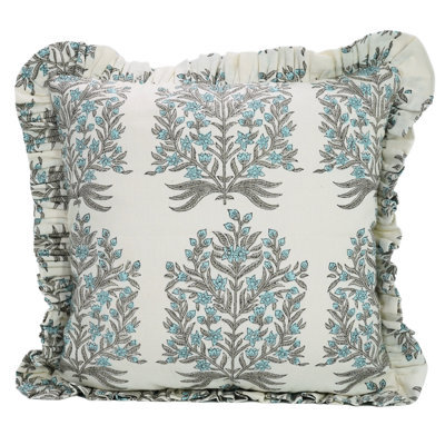 Housse de coussin à fermeture à glissière cachée à la main Fab Divine, tissu de coton, bleu et gris, 14 x 36