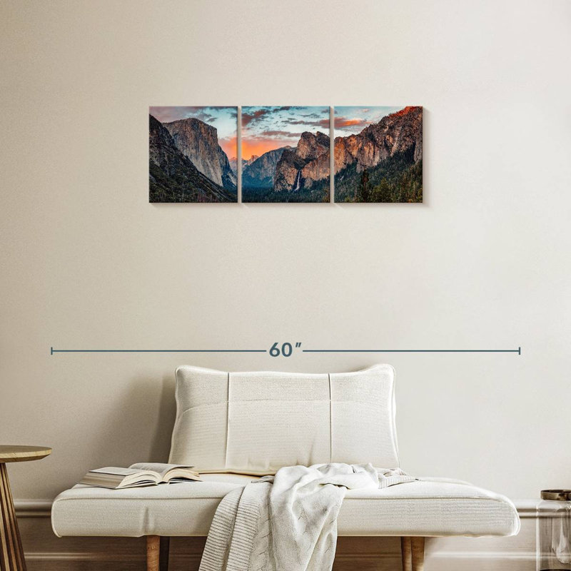 «Mountain Yosemite Sunset Splendor» sur toile, reproduction de 3 pièces, H 12 po x l 38 po