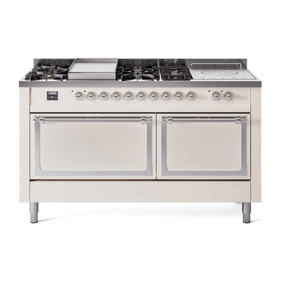 Cuisinière ILVE Nostalgie II Série 60 po à double combustible avec 7 brûleurs scellés, plaque de cuisson, table française (gaz naturel, porte pleine)