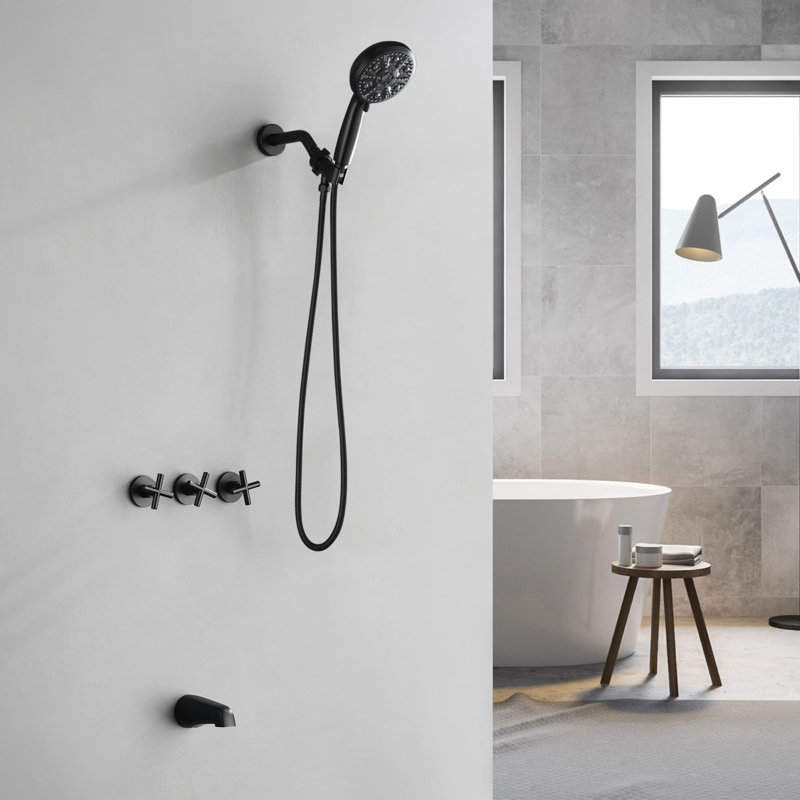 Wall Mount Tub Shower System 3 Handle Shower Faucet Set 10 Spray Brass Shower Trim Kit With Rough-In Valve, Matte Black