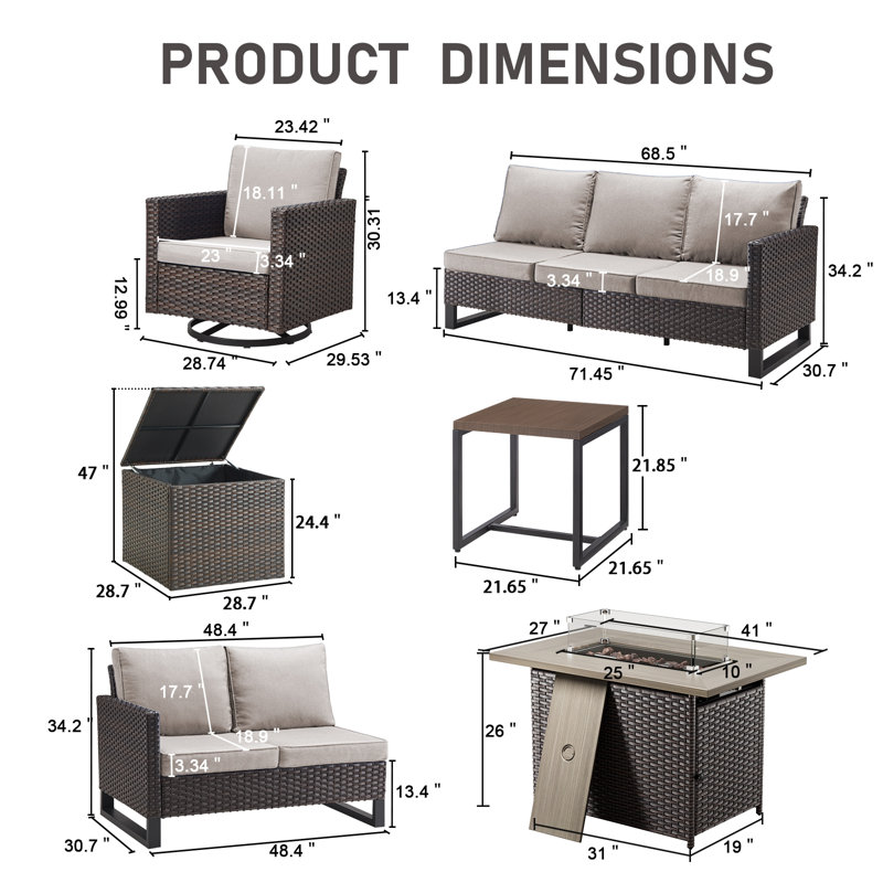 Ingvald 9 Piece Wicker Outdoor Patio U-Shaped Feet Conversation Set Group , Include Fire Pit Table, Beige