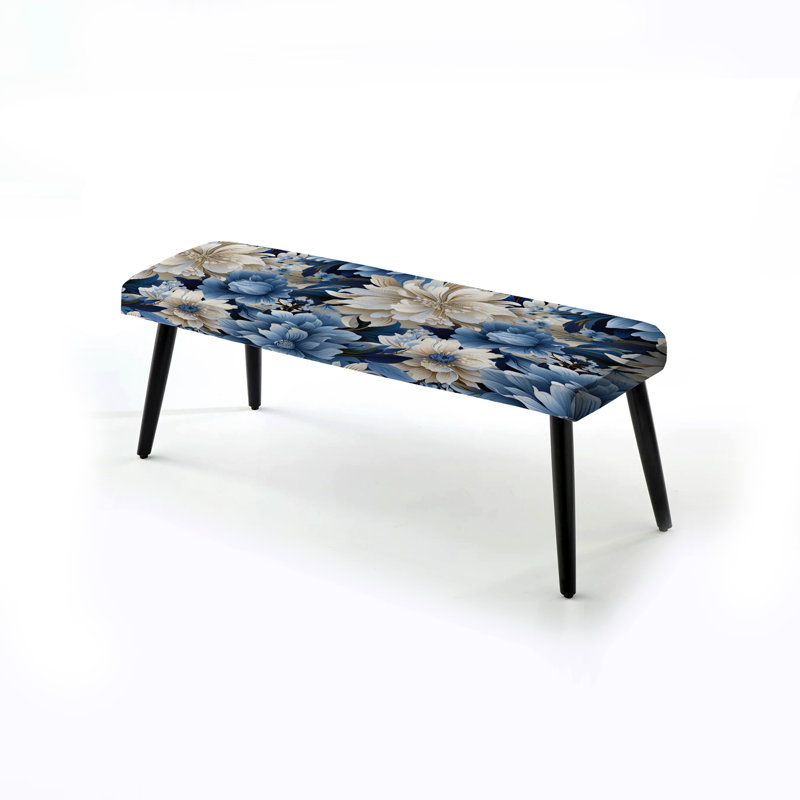 Motif floral bleu et blanc Zen Tranquility - Banc noir rembourré floral