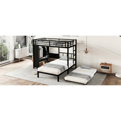 Lit superposé simple au-dessus de noir en métal avec placard intégré, caché sous la couchette, bureau de table de chevet pliable et fonction silencieuse pour les chambres d'amis avec rails coulissants pleine longueur