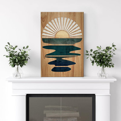 «Western Wood Effect Landscape Shining Sun Over Ocean Sea Nature Modern Art Southwest Wall Art Room», reproduction d'art sur toile