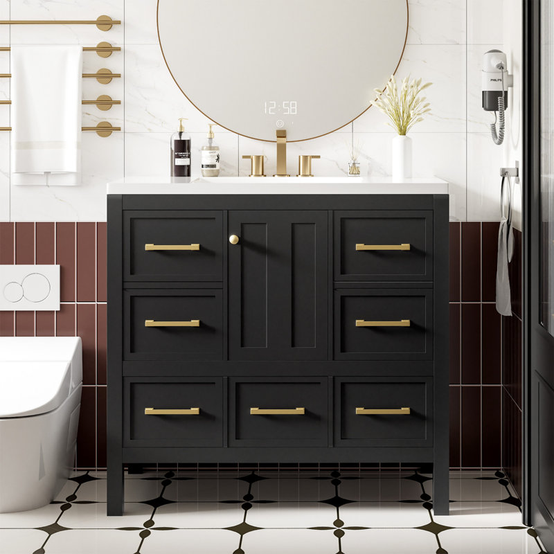Meuble-lavabo 36 po avec lavabo en résine, 5 tiroirs et portes à fermeture douce, Noir, noir, noir, noir